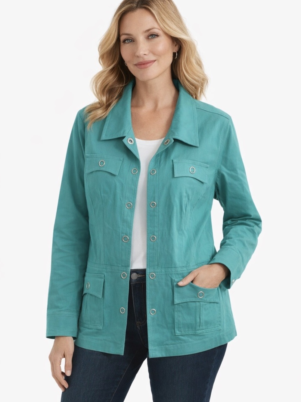 Dialogue Stretch Cotton Blend Blue Green Snap Front Jacket 20W Corporate Core